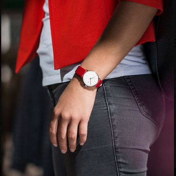 Max Bill Damen Quadrante Bianco Cinturino Pelle Rossa