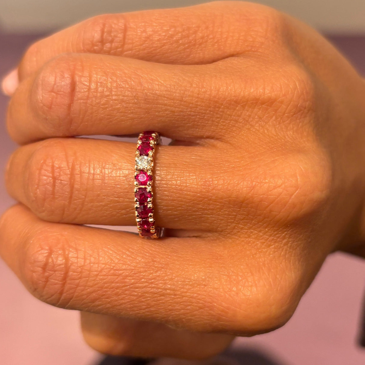 Anello Fedina Girodito Rubini e Diamanti Oro Rosa 18 kt