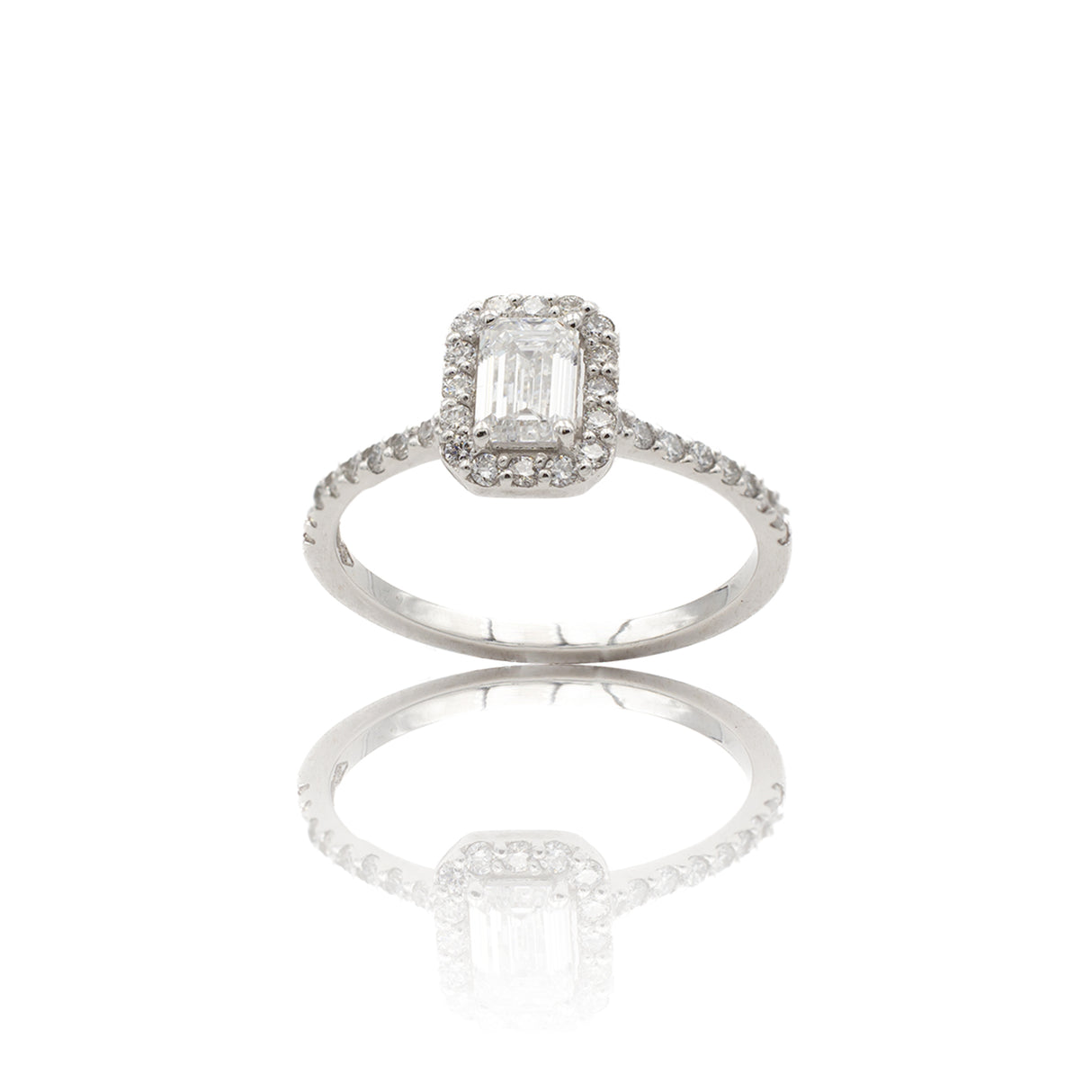 Anello Smeraldo Halo con gambo di diamanti in Oro Bianco
