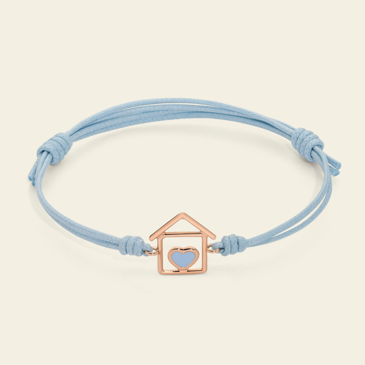 Bracciale Cordino con Casa e Cuore Smalto Celeste Oro Rosa