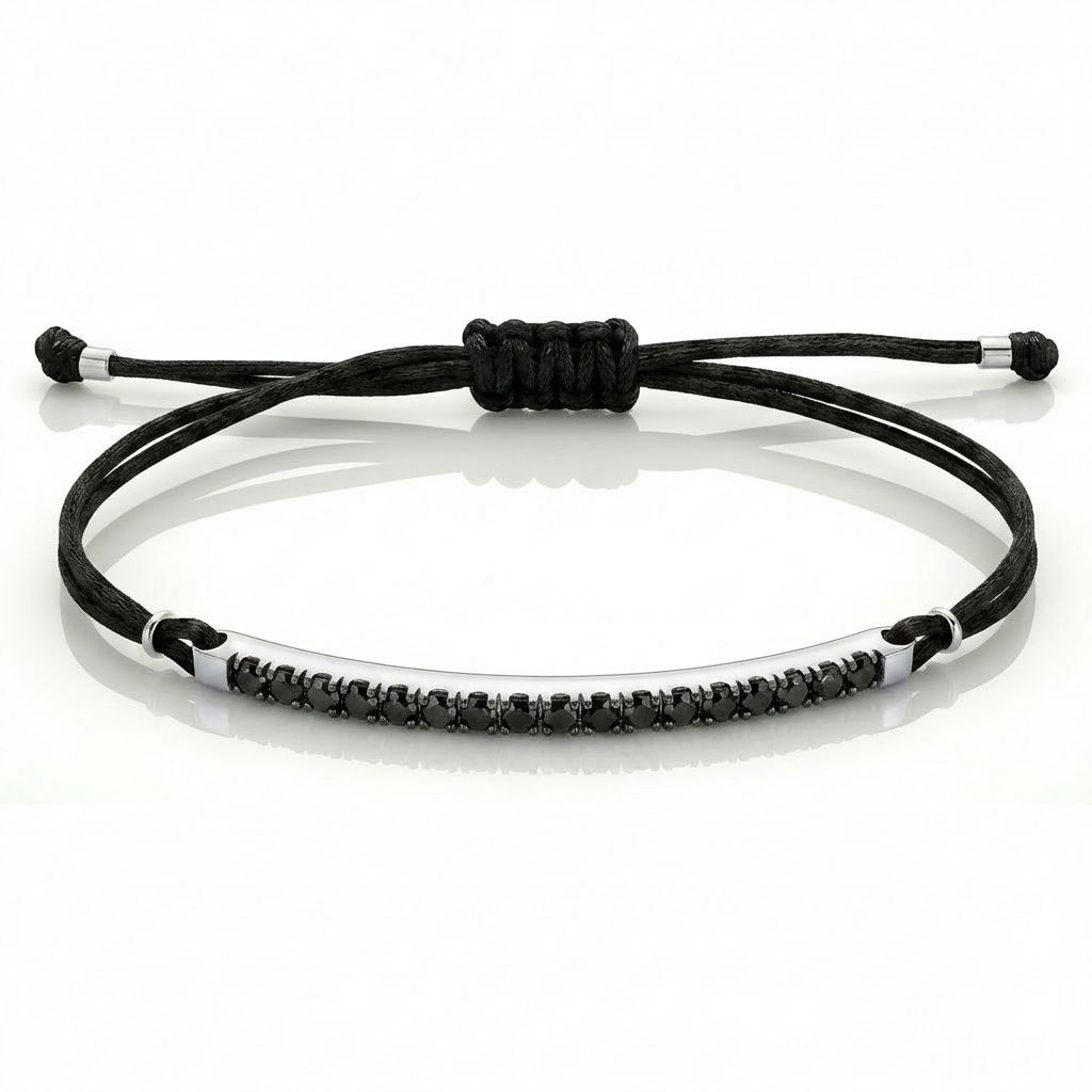 Bracciale Barretta CURVA Cordino Nautico misura GRANDE - Oro Bianco 18kt e Diamanti Neri
