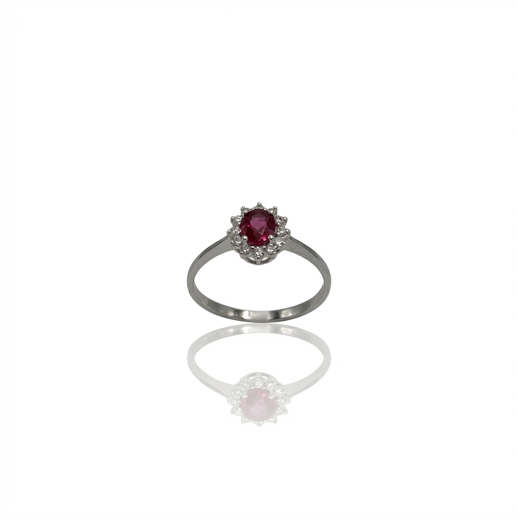 Anello Oro Bianco con Rubino e contorno Diamanti