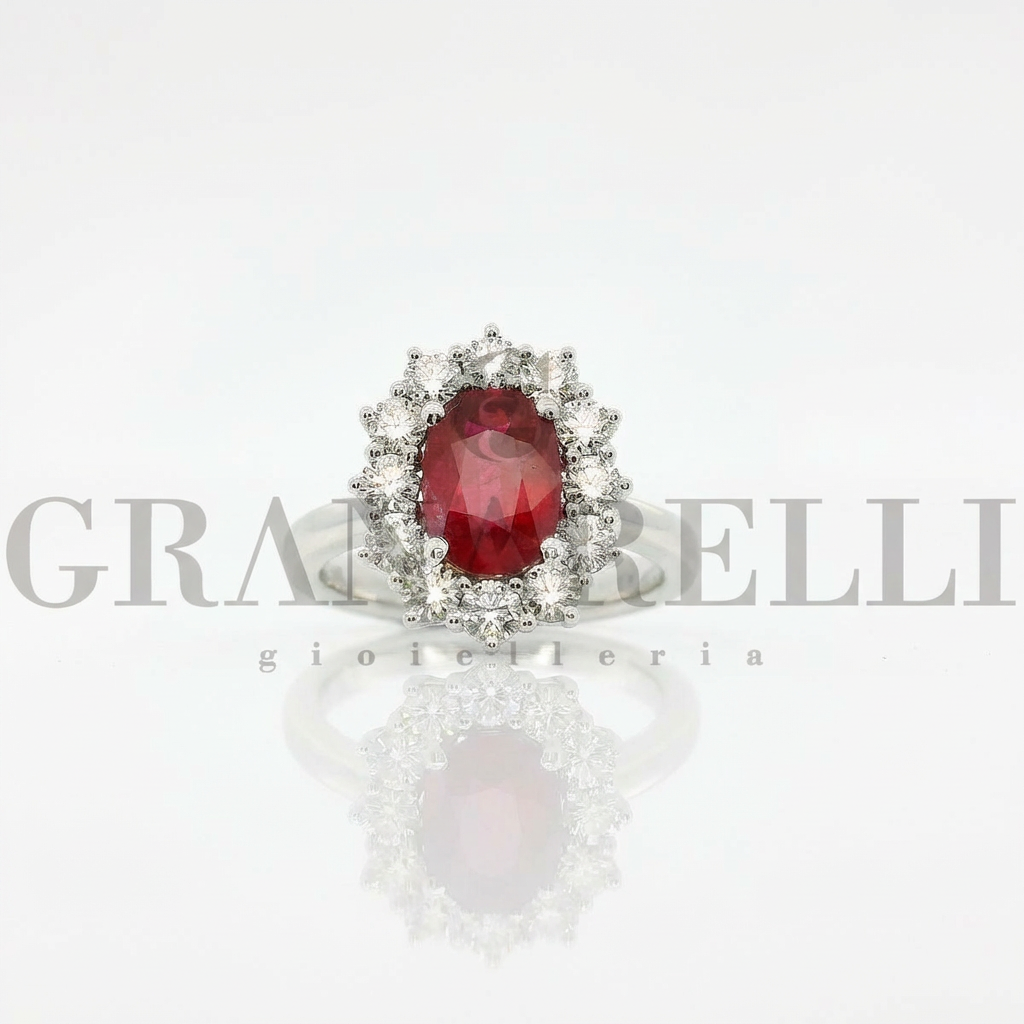 Anello Rubino Vivid Red con Certificato GIA e Contorno Diamanti Crivelli