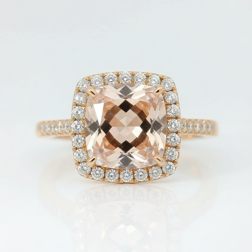 Anello in Oro Rosa con Morganite Taglio Cushion e Diamanti