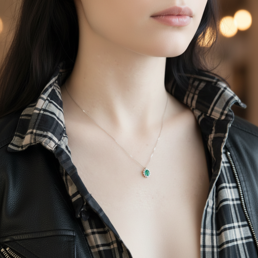 Girocollo Oro Bianco con Smeraldo e Diamanti