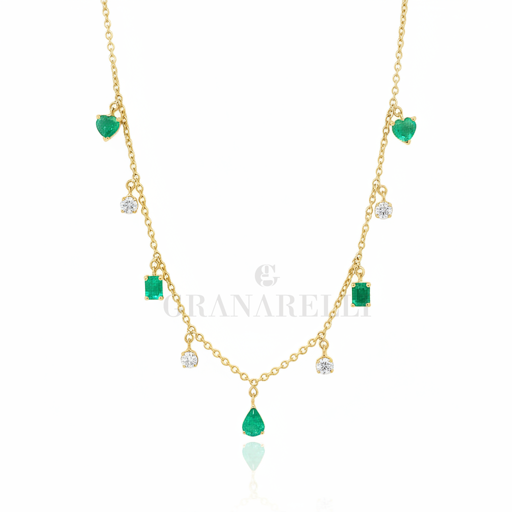Girocollo Oro Giallo Smeraldi e Diamanti Taglio Cuore e Goccia Crivelli