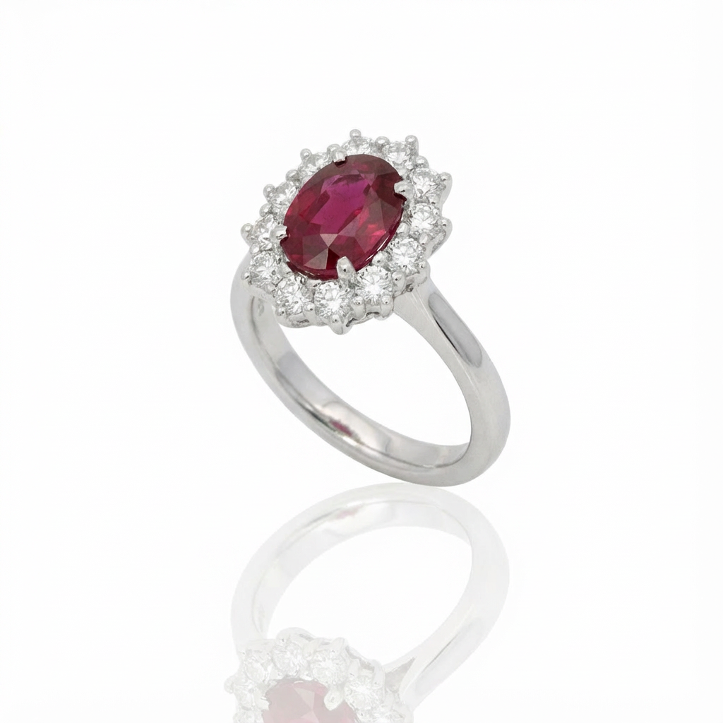 Anello in Oro Bianco con Rubino Ovale 1,20ct e Diamanti