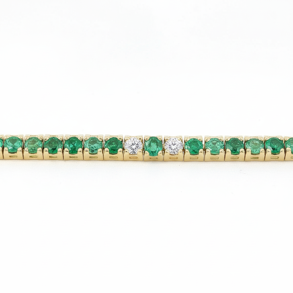 Bracciale Tennis Oro Giallo, Smeraldi 3,17kt e Spot Diamanti 0.33kt