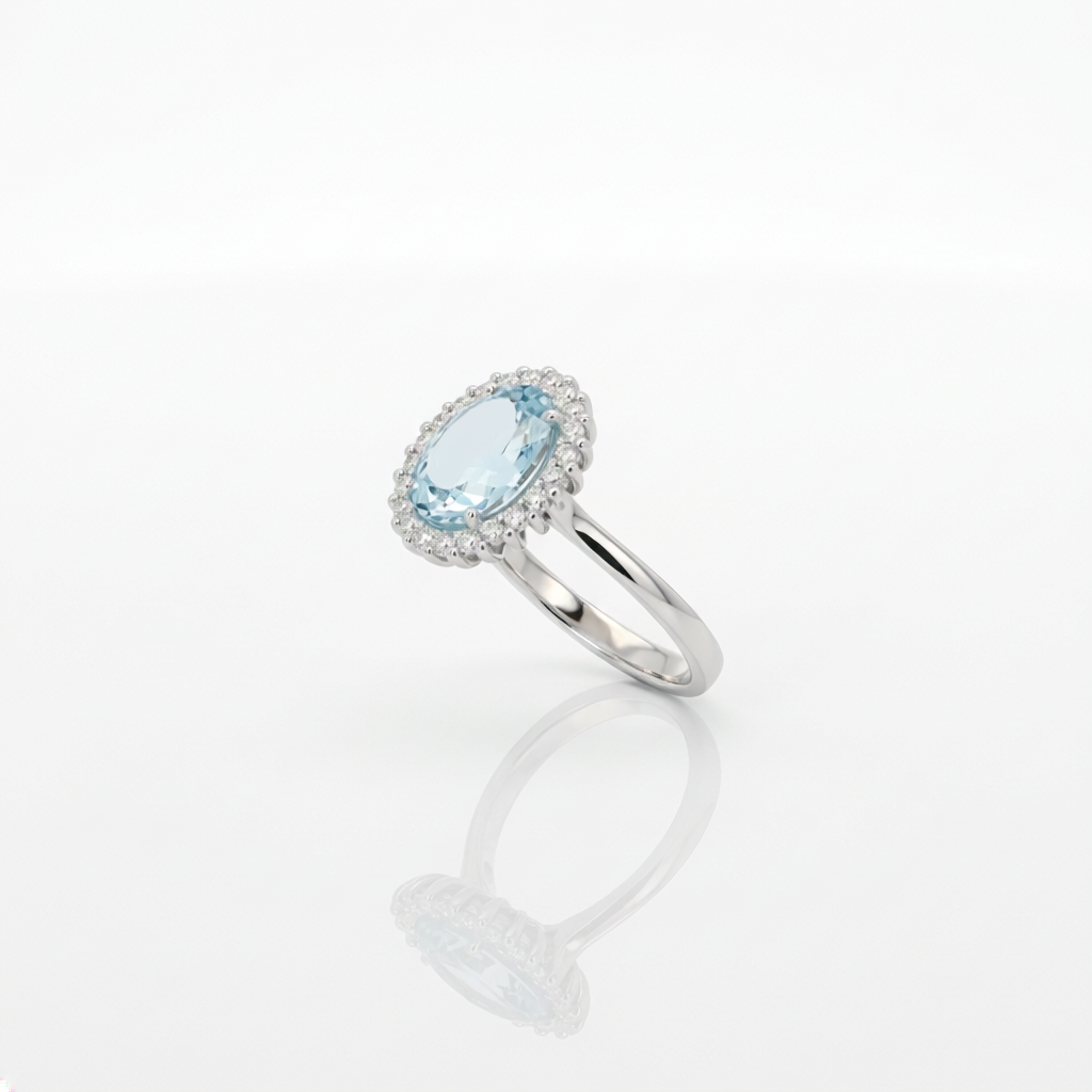 Anello Acquamarina Taglio Ovale con Brillanti in Oro Bianco