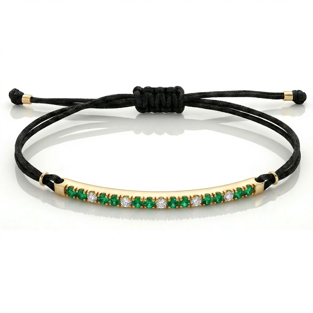 Bracciale Barretta CURVA Cordino Nautico misura GRANDE- Oro Giallo 18kt, Smeraldi e Diamanti Bianchi