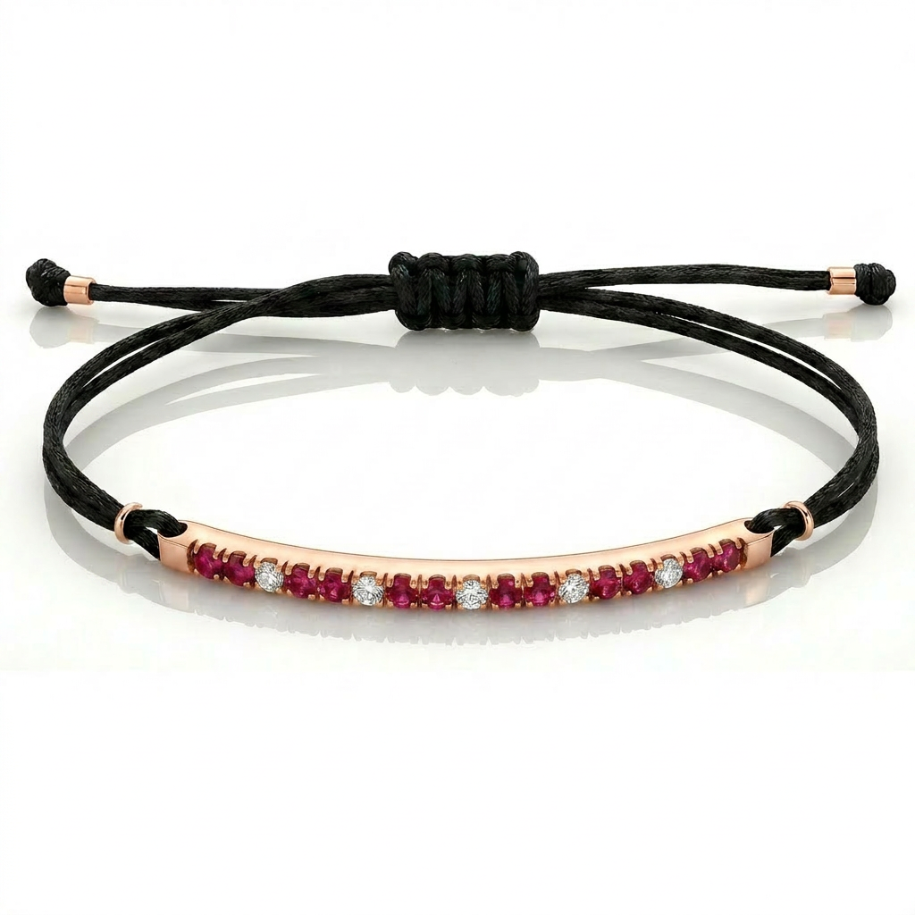 Bracciale Barretta CURVA Cordino Nautico misura GRANDE- Oro Rosa 18kt, Rubini e Diamanti Bianchi