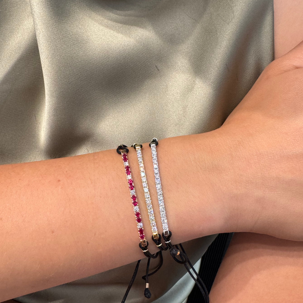 Bracciale Barretta CURVA Cordino Nautico misura GRANDE- Oro Rosa 18kt, Rubini e Diamanti Bianchi