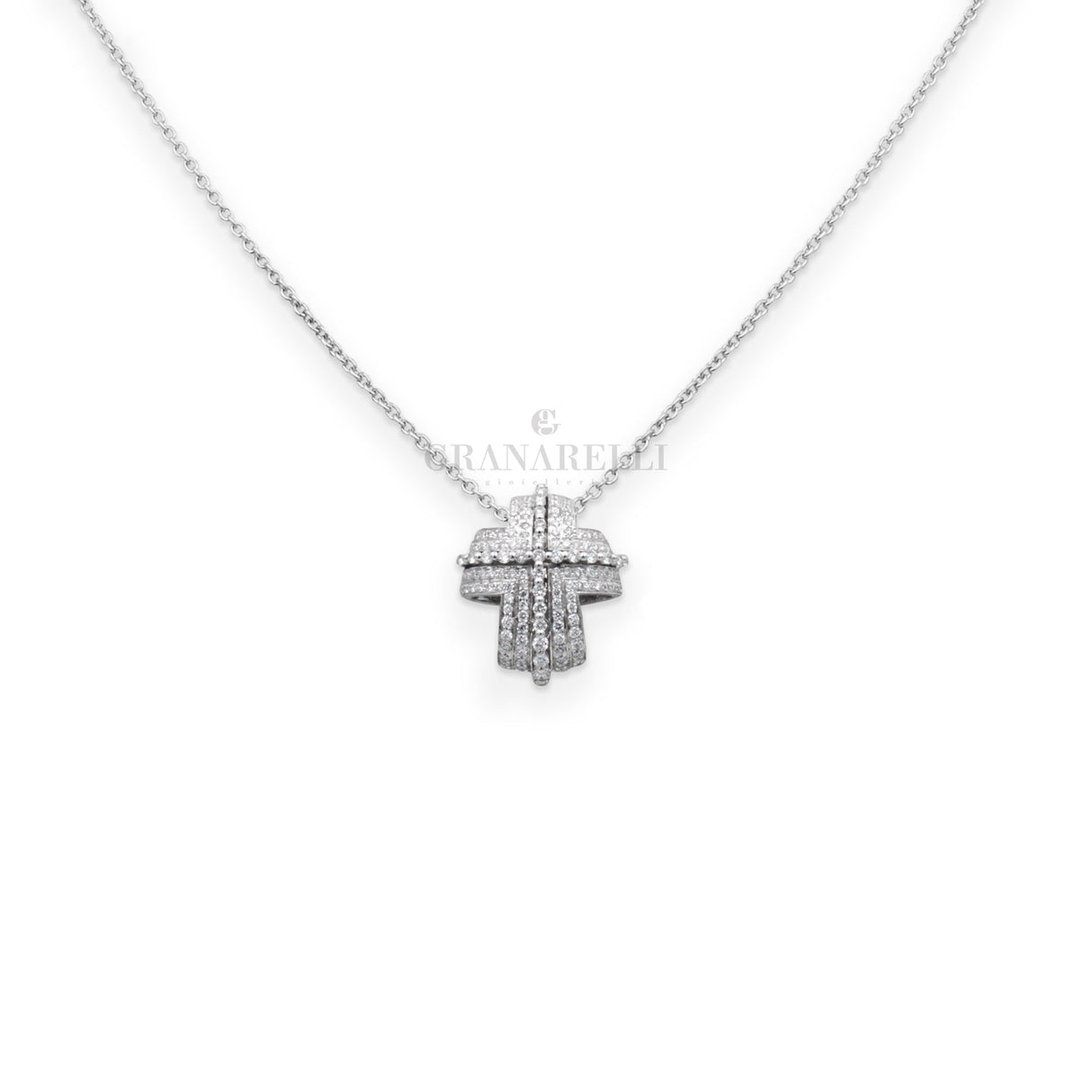 Girocollo Croce Bombata Diamanti Bianchi In Oro Bianco-Girocolli-RECARLO-Gioielleria Granarelli
