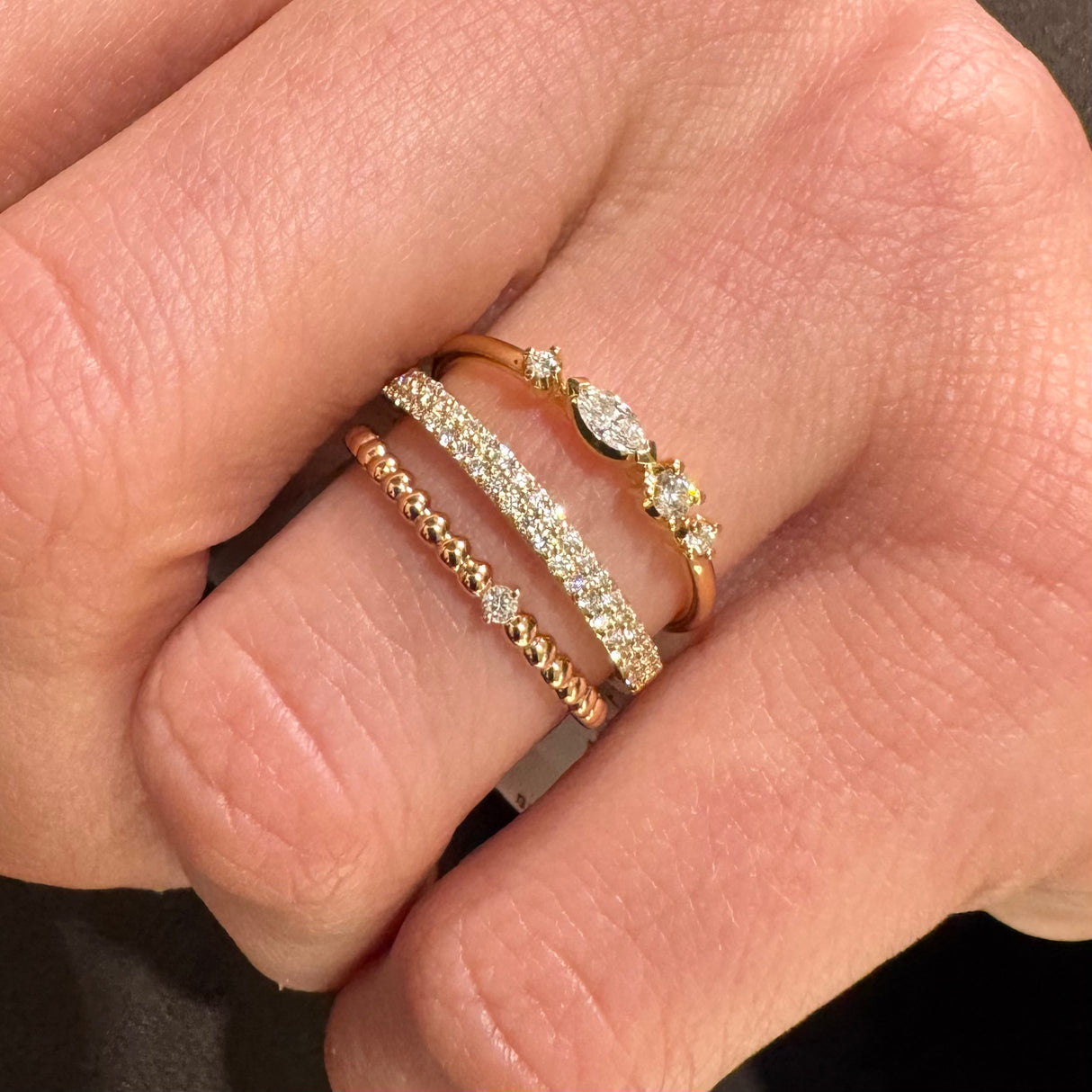 Rose gold bubble ring and lone diamond