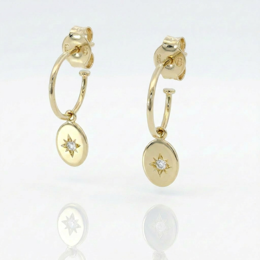 Mono orecchino con Piastra Pendente Oro Giallo 9kt e Diamante