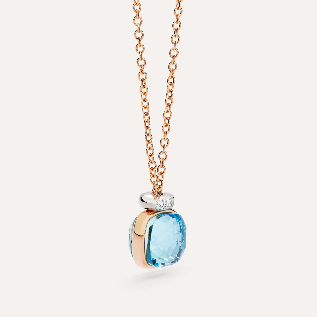 Collana Pendente Nudo Mini in Oro Rosa con Topazio Azzurro e Diamanti-Girocolli-POMELLATO-Gioielleria Granarelli