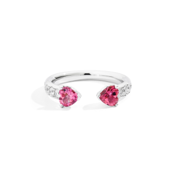 Anello Fedina Aperta Oro Bianco con Diamanti e 2 Tormaline Rosa