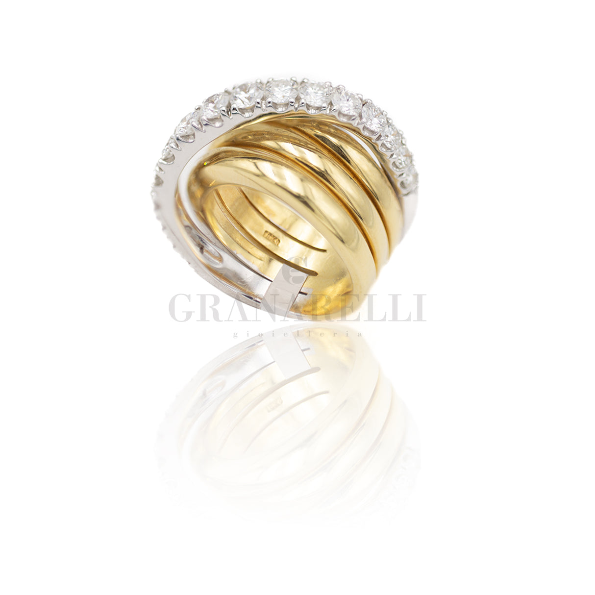 Anello Fascia Intreccio con Diamanti in Oro Giallo e Bianco