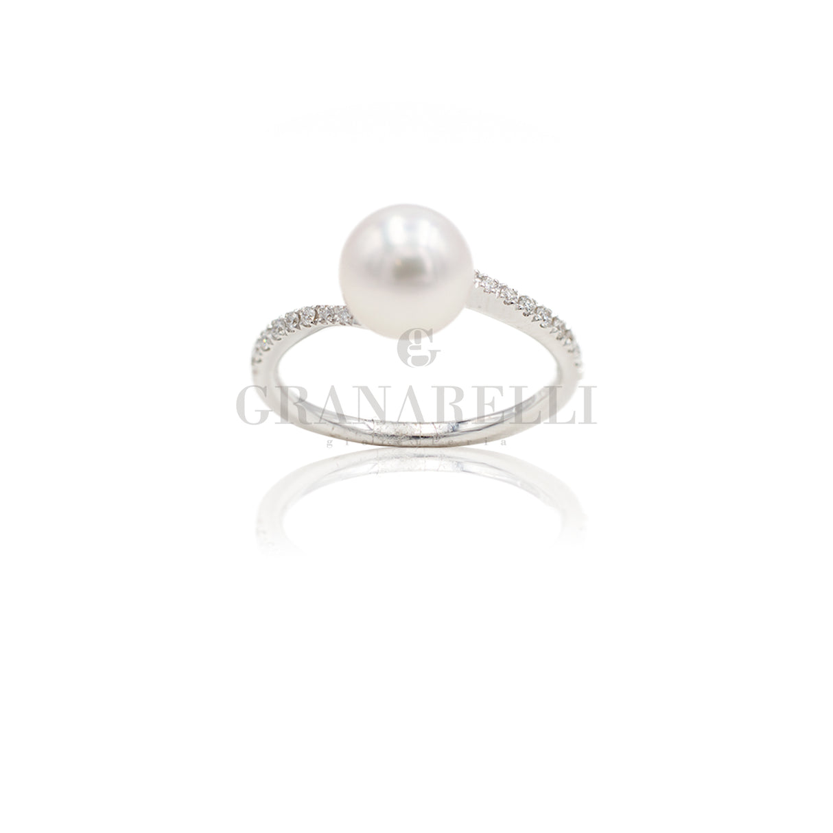 Anello Perla 8mm con diamanti in Oro bianco