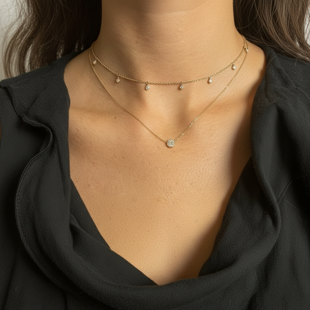 Girocolli in oro rosa con pendenti goccia indossati