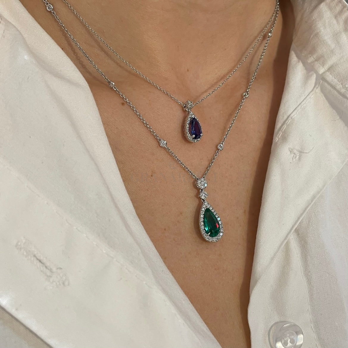 Girocollo Smeraldo Pendente taglio "Goccia" con contorno di Diamanti-Girocolli-CRIVELLI-Gioielleria Granarelli