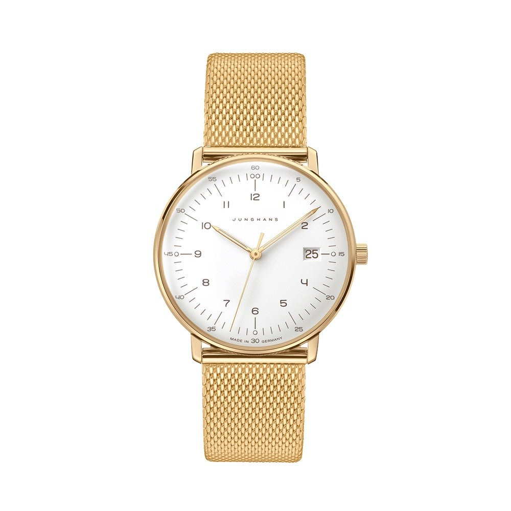 Max Bill Damen Quadrante Bianco Cinturino PVD Oro Giallo