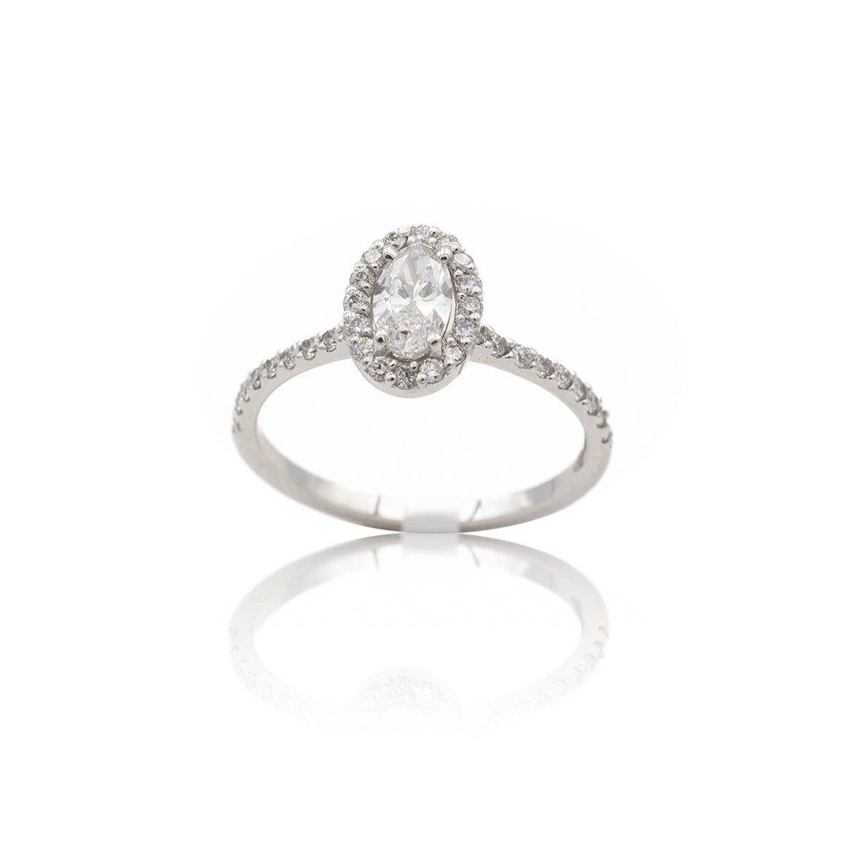 Anello Ovale Halo con gambo di diamanti in Oro Bianco