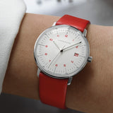 Max Bill Damen Quadrante Bianco Cinturino Pelle Rossa