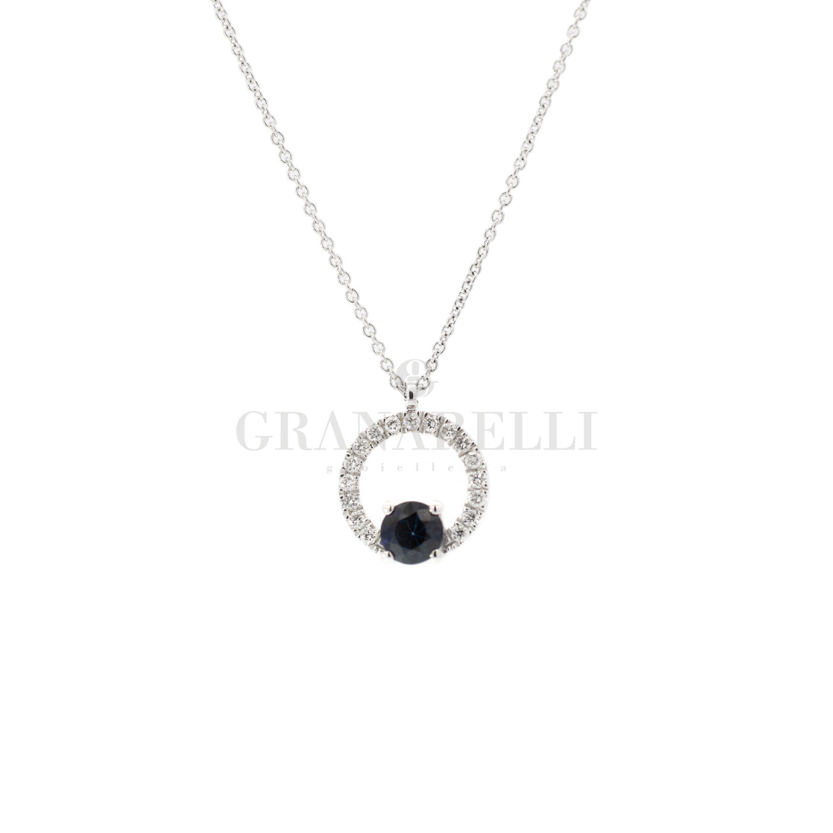 Collana Cerchio in Oro Bianco e Diamanti e zaffiro blu