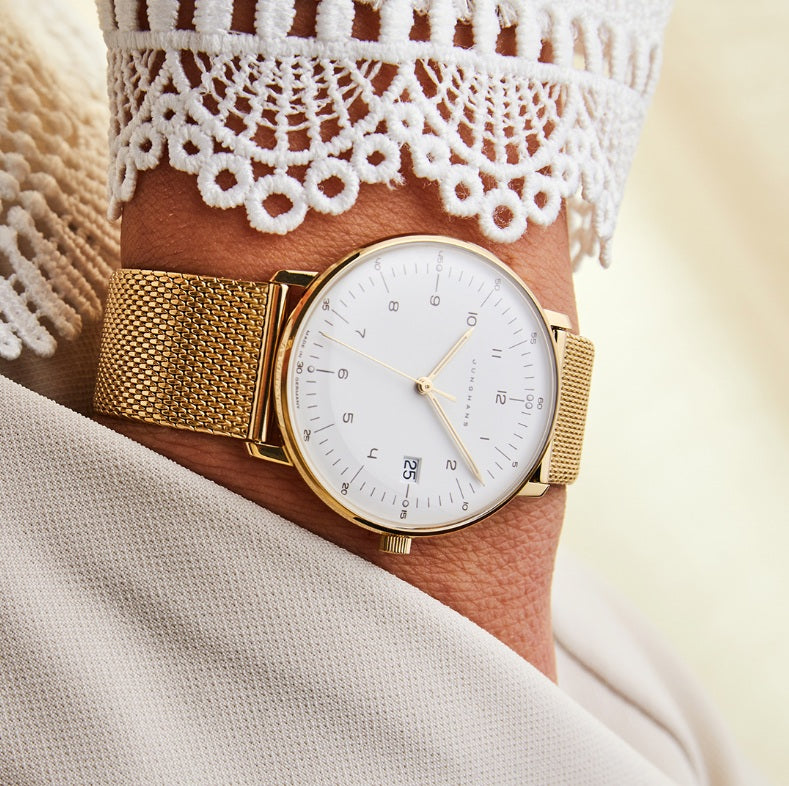 Max Bill Damen Quadrante Bianco Cinturino PVD Oro Giallo