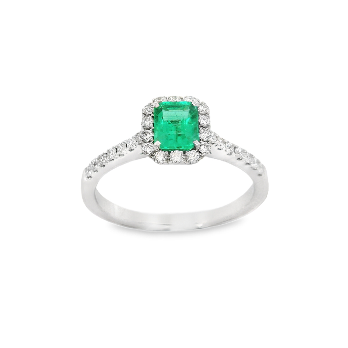 Anello Smeraldo 0.57kt e contorno Diamanti in Oro Bianco