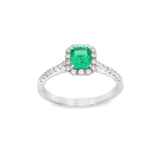 Anello Smeraldo 0.57kt e contorno Diamanti in Oro Bianco