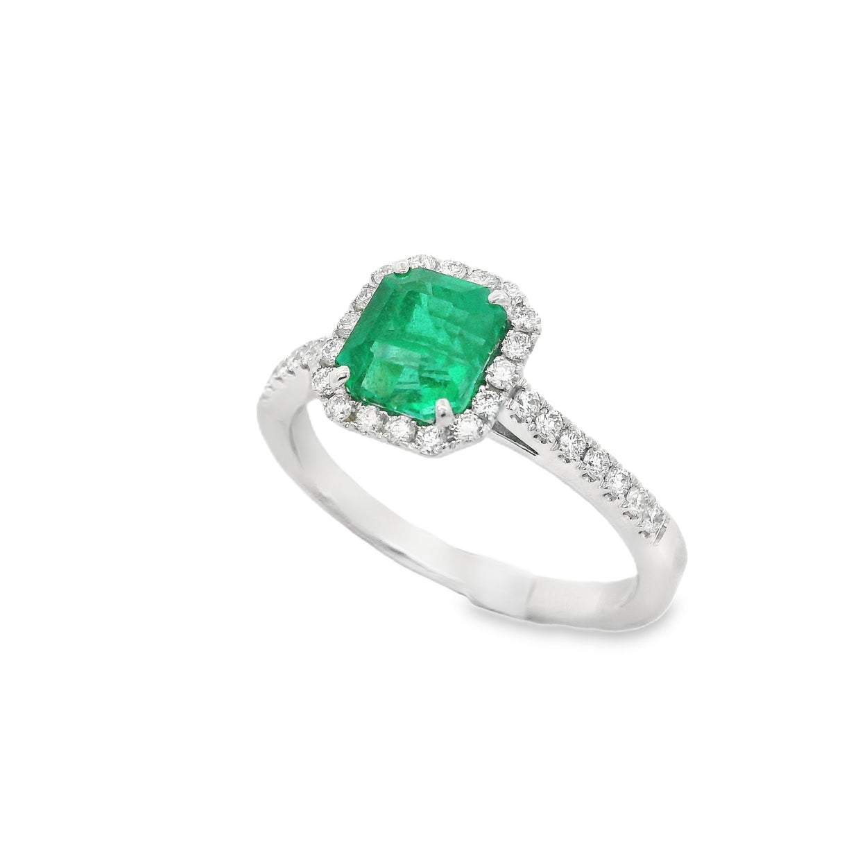 Anello Smeraldo 1.06kt e contorno Diamanti in Oro Bianco
