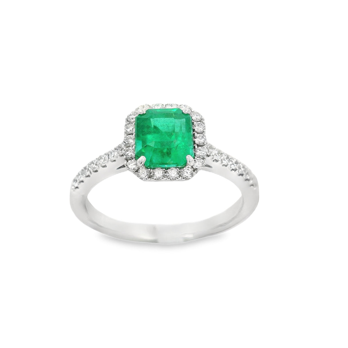 Anello Smeraldo 1.06kt e contorno Diamanti in Oro Bianco