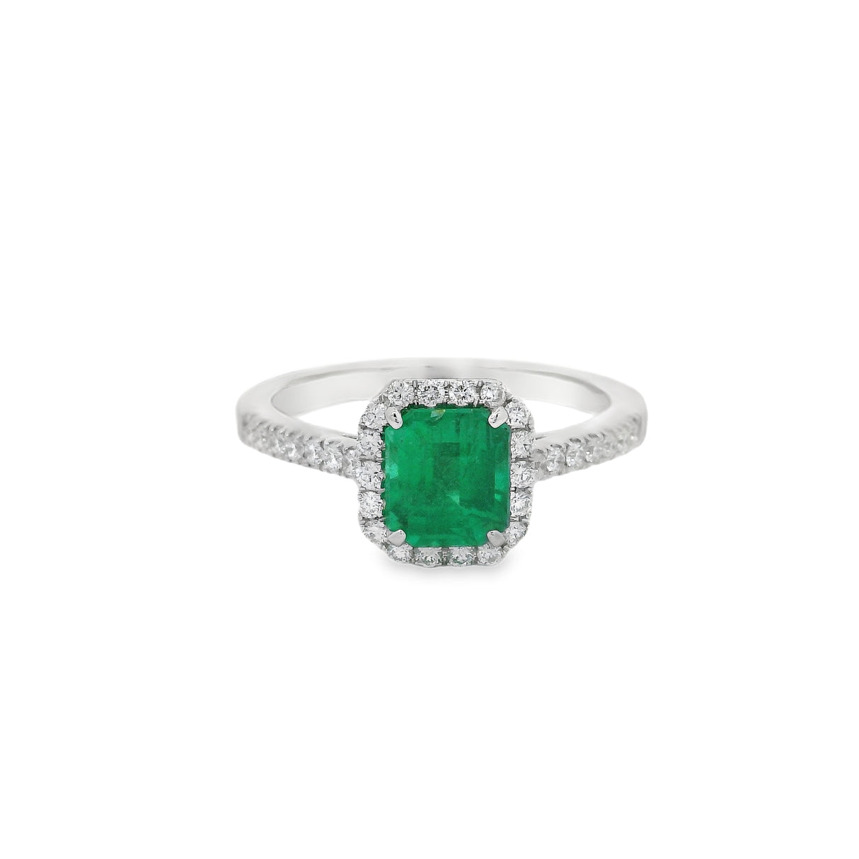Anello Smeraldo 1.06kt e contorno Diamanti in Oro Bianco