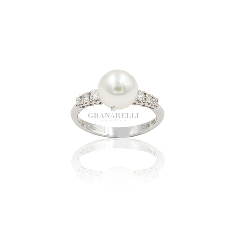 Anello Perla e Brillanti in Oro Bianco-RECARLO-XD109/0850A-Gioielleria Granarelli