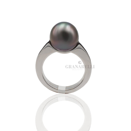 Anello Perla grigia in Oro Bianco-Anelli-GRANARELLI-Gioielleria Granarelli