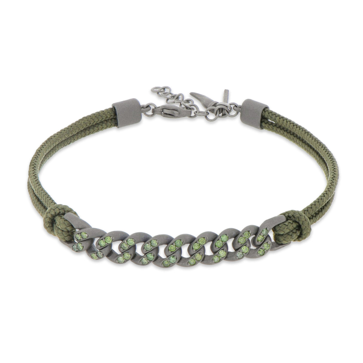 Bracciale Groumette Titanio Diamanti Verdi  Cordino Verde Militare