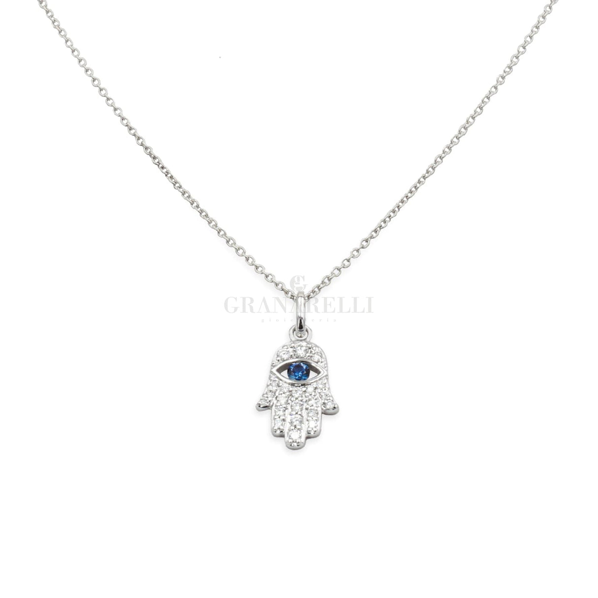 Girocolli Collana Mano Di Fatima con Zaffiro e Diamanti in Oro Bianco CRIVELLI