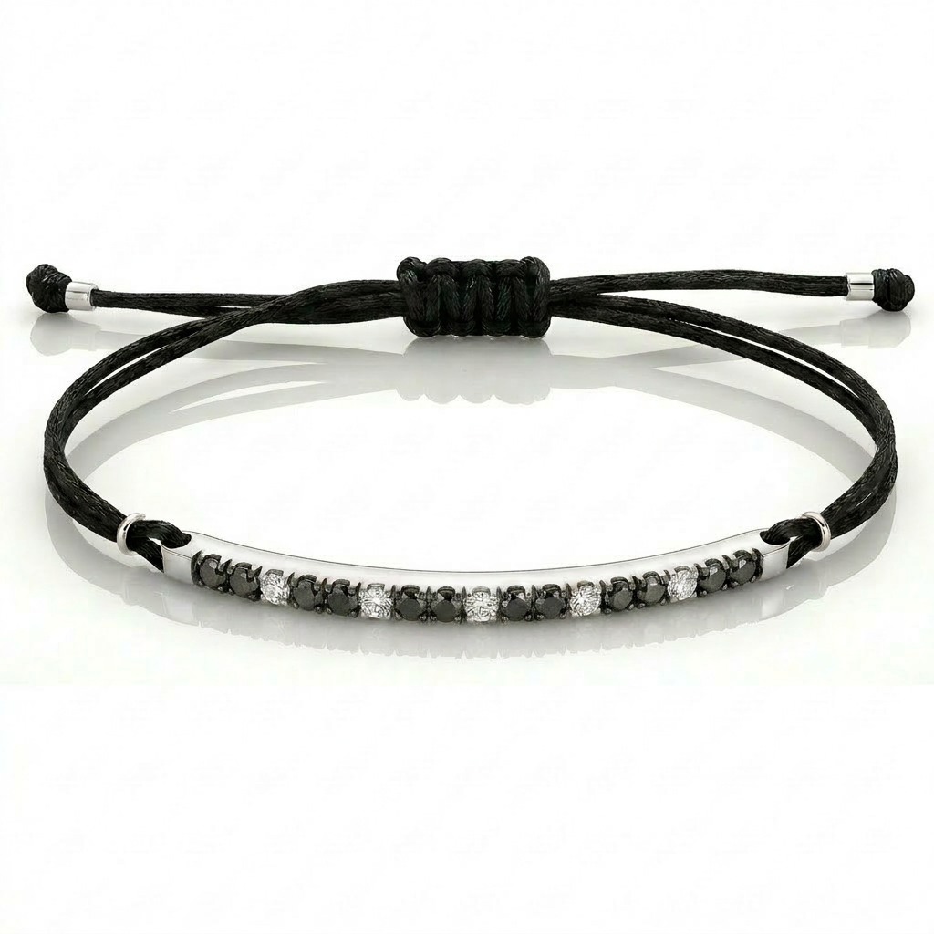 Bracciale Barretta CURVA Cordino Nautico misura GRANDE- Oro Bianco 18kt  Diamanti Bianchi e Neri