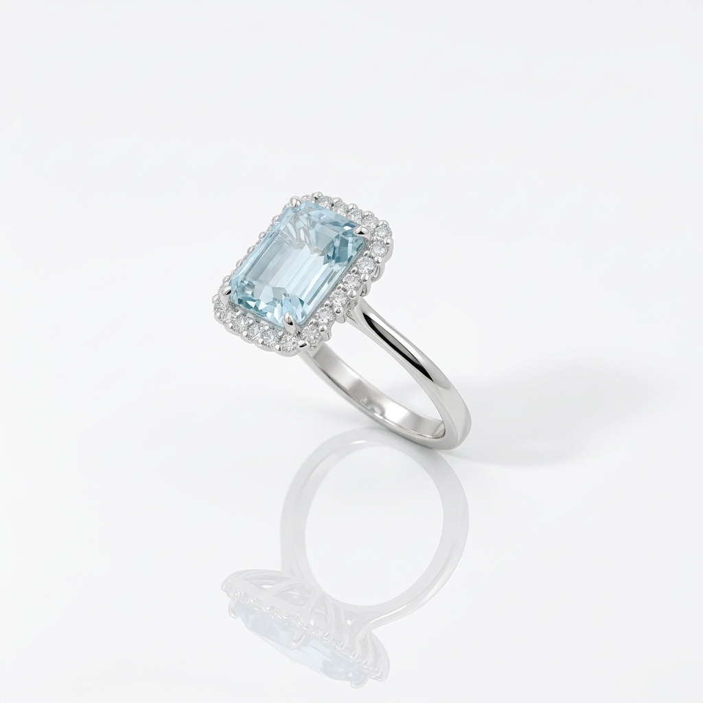 Anello Acquamarina Taglio Ottagonale con Brillanti in Oro Bianco