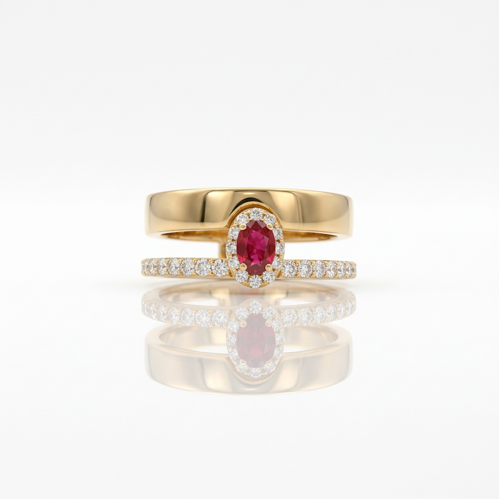 Anello Fascia in Oro Rosa con Rubino Ovale e Diamanti