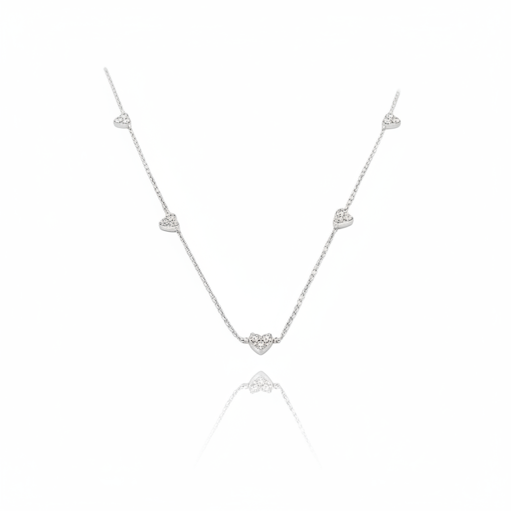 Girococollo Micro Cuori in Oro Bianco e Diamanti