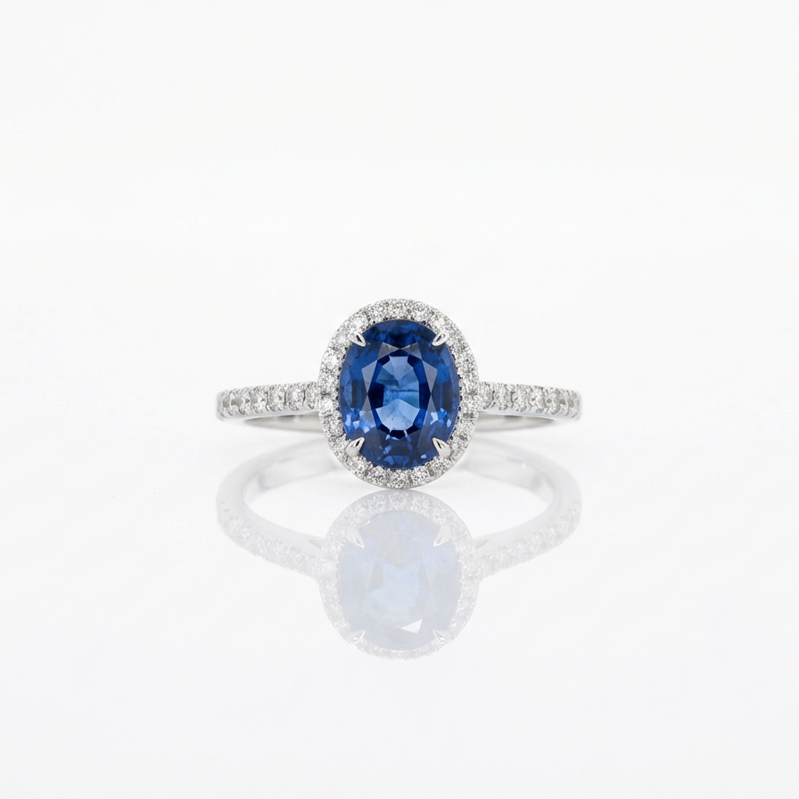 Anello in Oro Bianco con Zaffiro Ovale 1,52ct e Diamanti