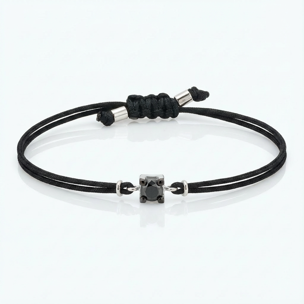 Bracciale punto luce Diamante Nero in Oro Bianco su cordino
