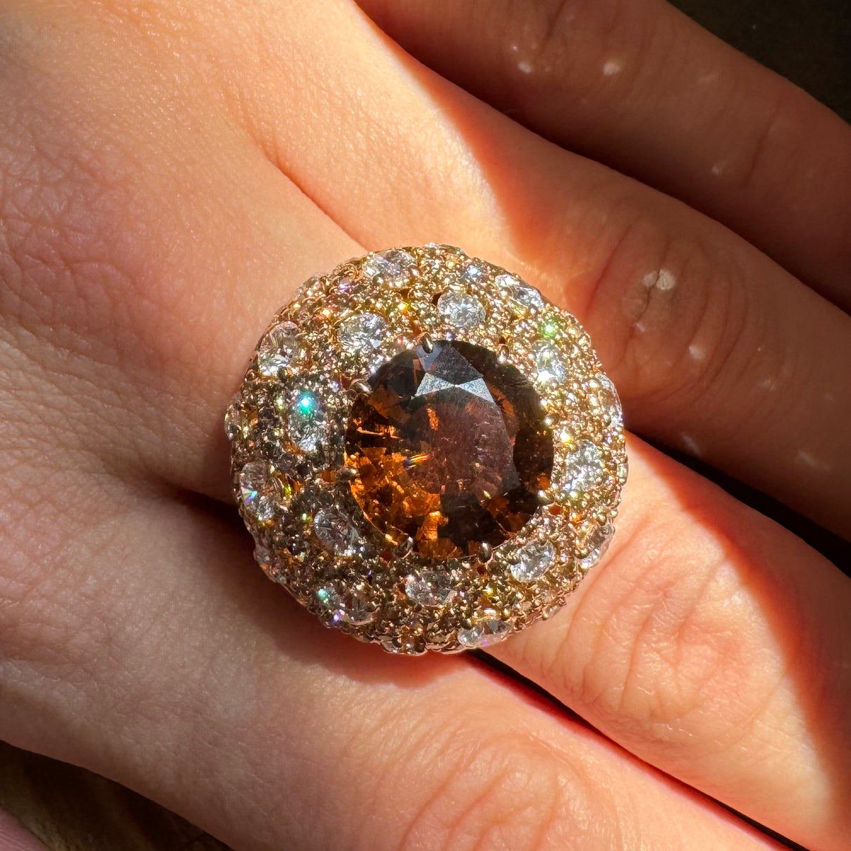 Anello oro rosa spessartite,  diamanti e diamanti brown