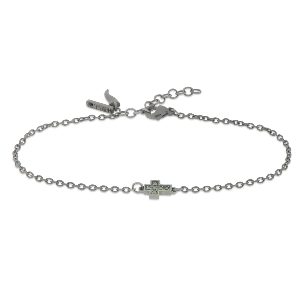 BRACCIALE IN TITANIO CON CROCE CENTRALE E DIAMANTI VERDI