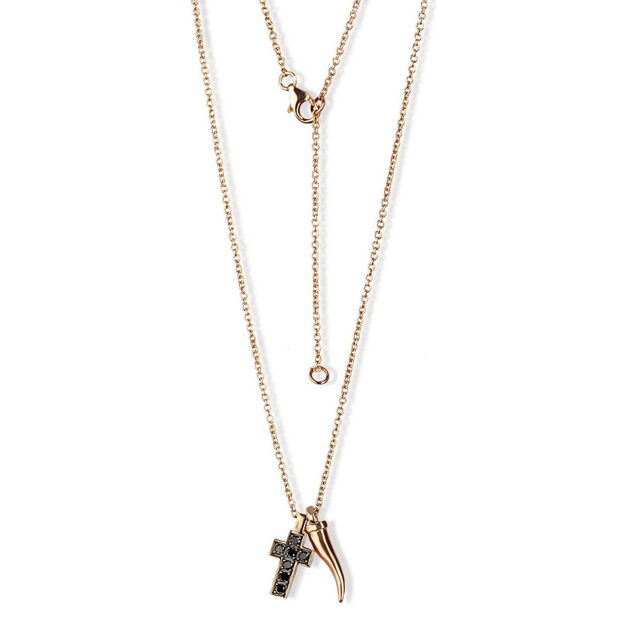 Collana Oro Giallo 9 kt Croce con Diamanti Neri e Cornetto