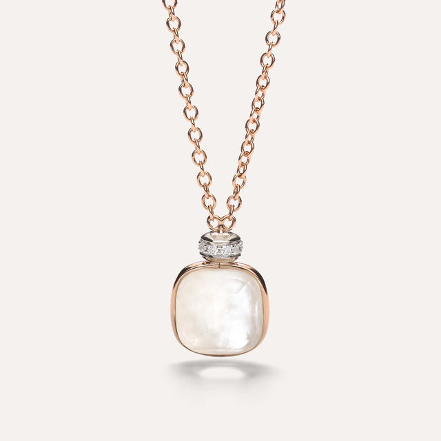 Collana Pendente Nudo in Oro Rosa, Topazio Bianco, Madreperla e Diamanti-Girocolli-POMELLATO-Gioielleria Granarelli