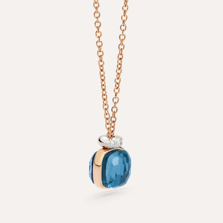 Collana Pendente Nudo Mini in Oro Rosa con Topazio Blu London e Diamanti-Girocolli-POMELLATO-Gioielleria Granarelli